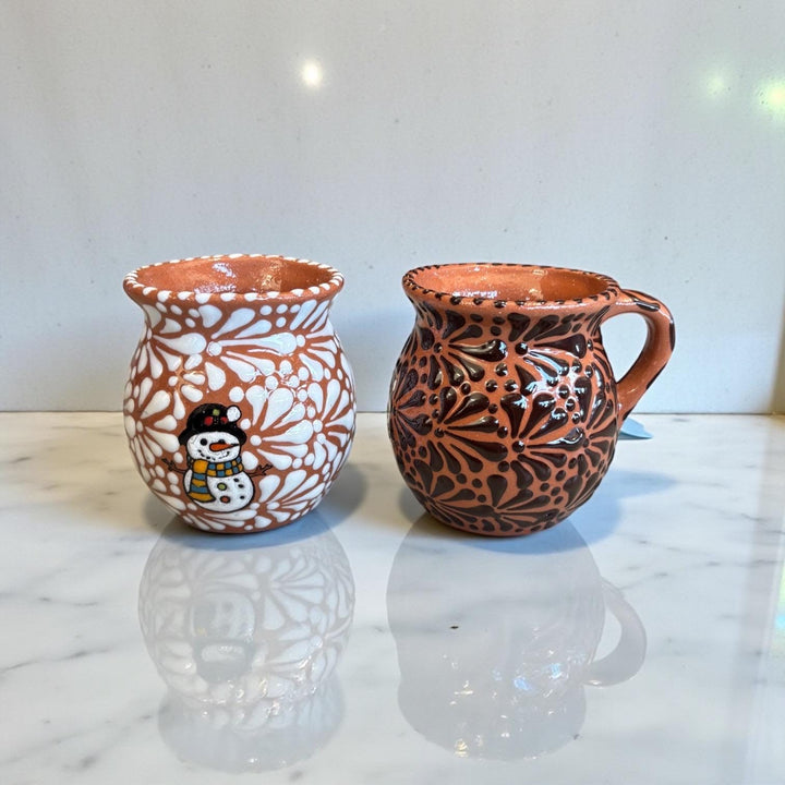 Hand Painted Talavera Christmas Cantarito with Handle Mug, Snowman Brown Mix – Set of 2