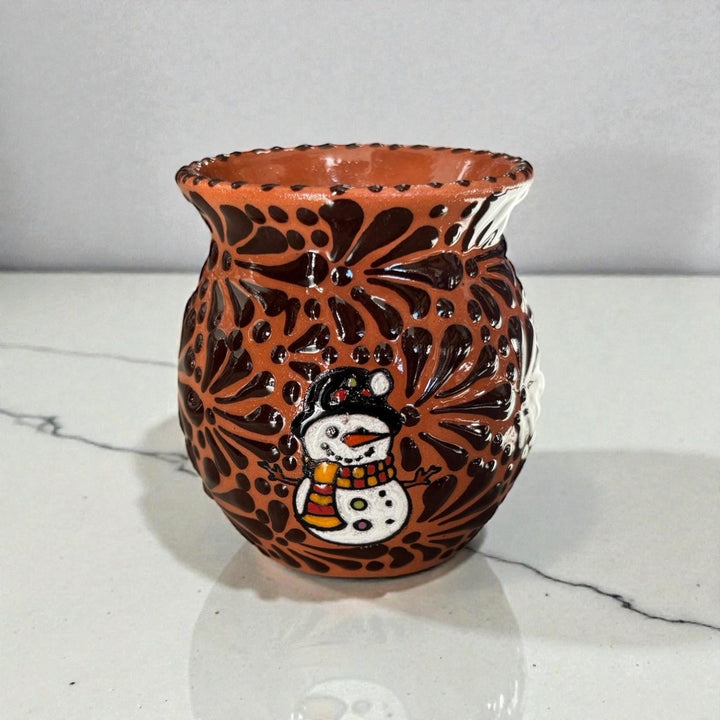 Hand Painted Talavera Christmas Cantarito with Handle Mug, Snowman Brown Mix – Set of 2