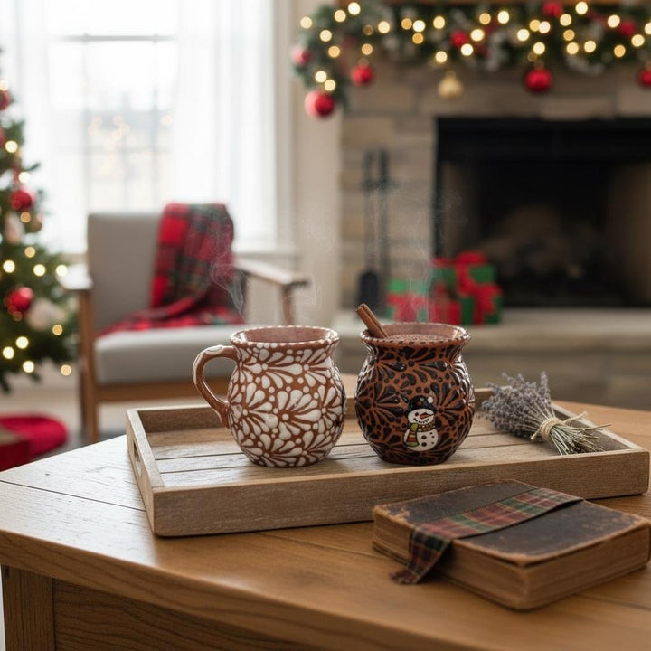 Hand Painted Talavera Christmas Cantarito with Handle Mug, Snowman Brown Mix – Set of 2