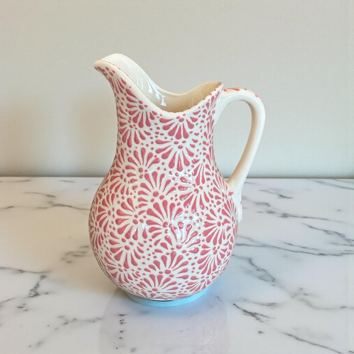 Hand Painted Mexican Talavera Pitcher, Ivory & Pink (Cielito Lindo Inspired)