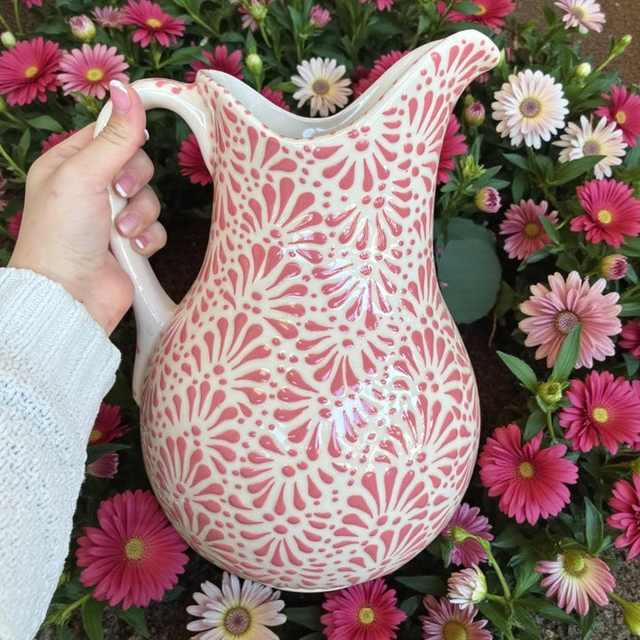 Hand Painted Mexican Talavera Pitcher, Ivory & Pink (Cielito Lindo Inspired)