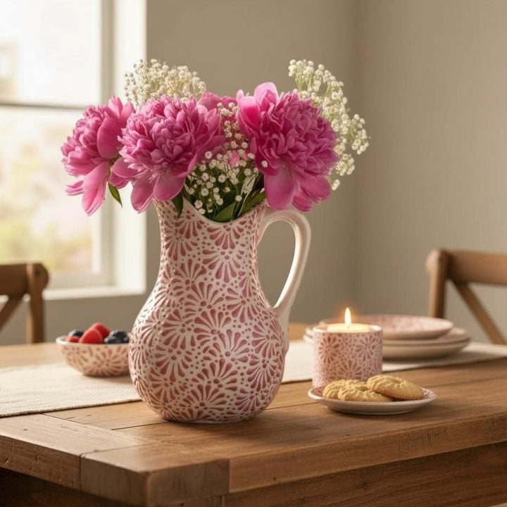 Hand Painted Mexican Talavera Pitcher, Ivory & Pink (Cielito Lindo Inspired)