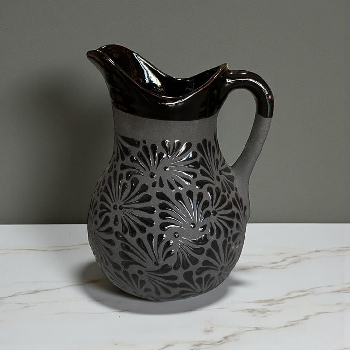 Hand Painted Mexican Clay Water Pitcher (Cielito Lindo Inspired), Charcoal & Black