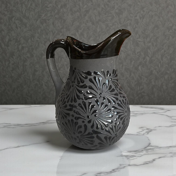 Hand Painted Mexican Clay Water Pitcher (Cielito Lindo Inspired), Charcoal & Black