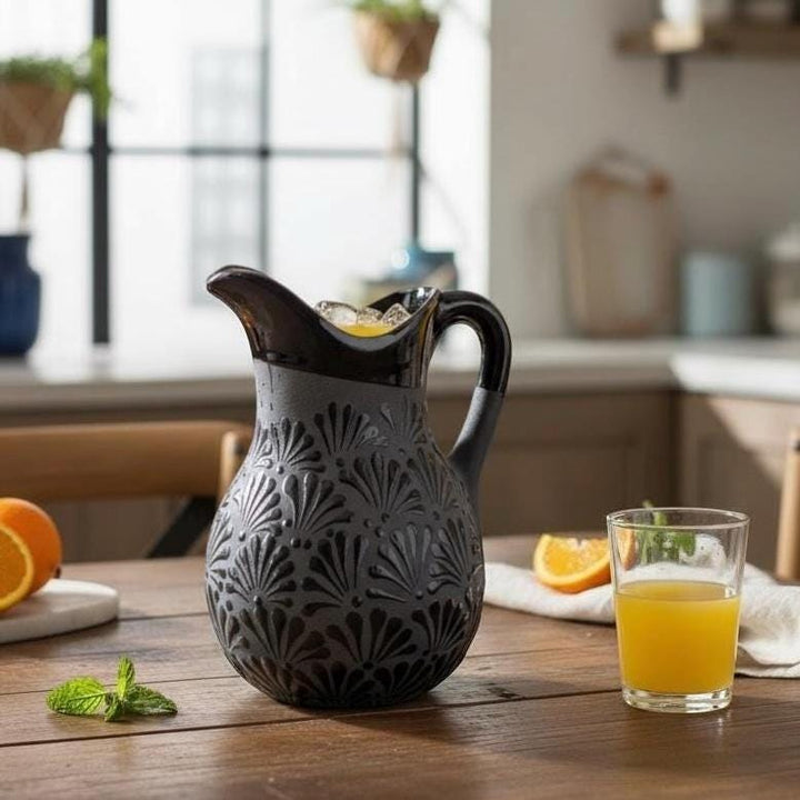 Hand Painted Mexican Clay Water Pitcher (Cielito Lindo Inspired), Charcoal & Black