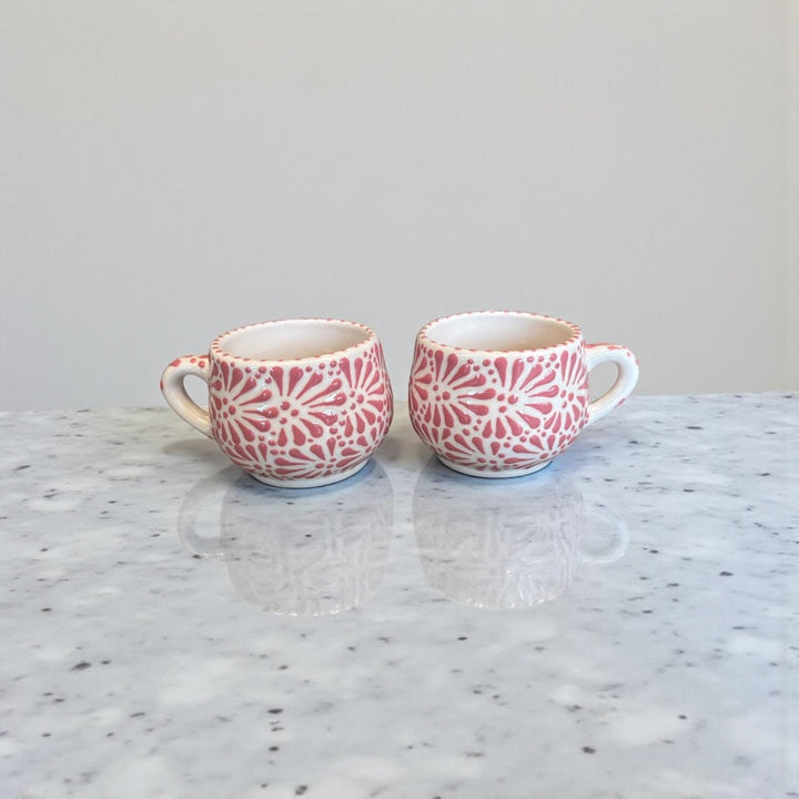 Beautiful Hand Painted Mexican Talavera Small Mug, Ivory & Pink – Set of 2 (Cielito Lindo Inspired)