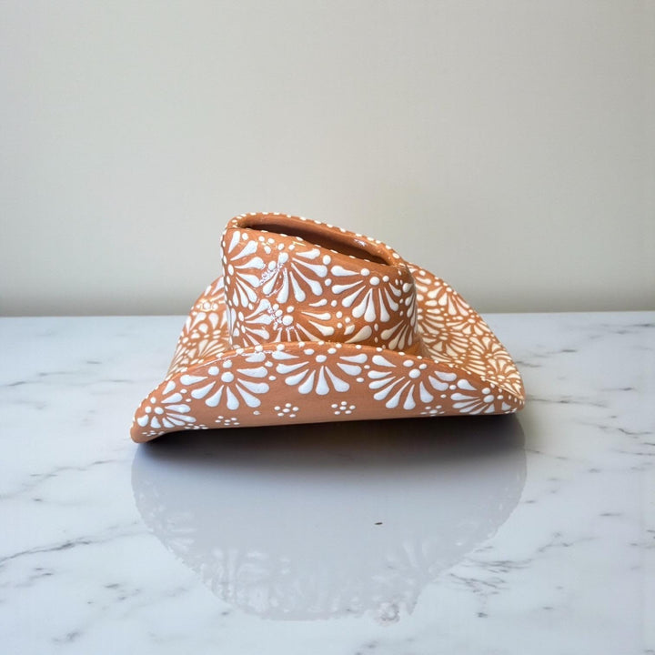 Handpainted Talavera Rustic Cowboy Hat Planter Pot, Brown & White (Cielito Lindo Inspired)