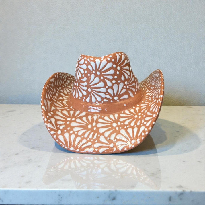 Handpainted Talavera Rustic Cowboy Hat Planter Pot, Brown & White (Cielito Lindo Inspired)
