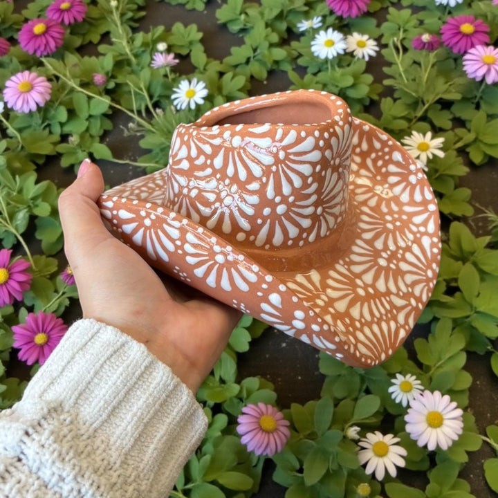 Handpainted Talavera Rustic Cowboy Hat Planter Pot, Brown & White (Cielito Lindo Inspired)