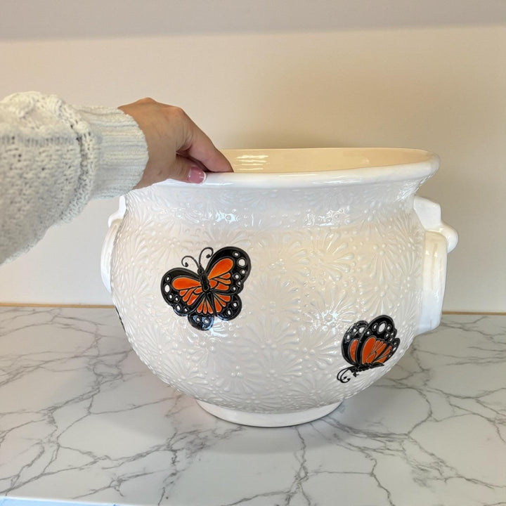 Hand Painted Talavera Monarch Butterfly Cauldron Handle Planter Pot, Ivory & White – Free Shipping (Contiguous U.S. Only)