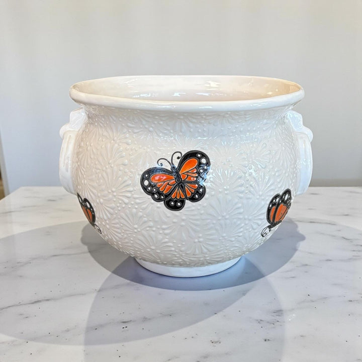 Hand Painted Talavera Monarch Butterfly Cauldron Handle Planter Pot, Ivory & White – Free Shipping (Contiguous U.S. Only)