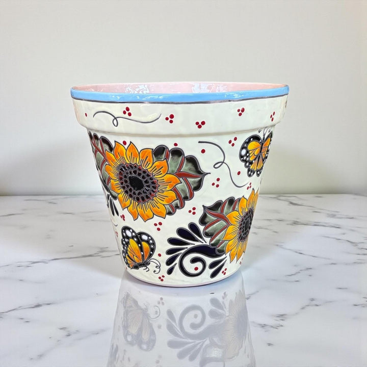 Hand Painted Mexican Talavera Standard Planter Pot, Monarch Butterfly & Sunflower – Free Shipping (Contiguous U.S. Only)