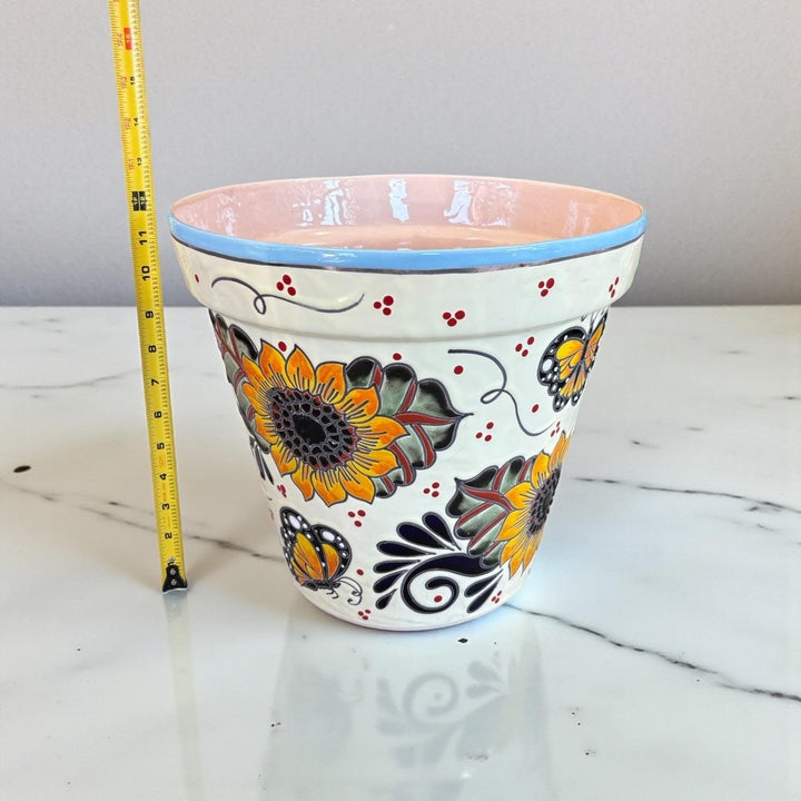Hand Painted Mexican Talavera Standard Planter Pot, Monarch Butterfly & Sunflower – Free Shipping (Contiguous U.S. Only)