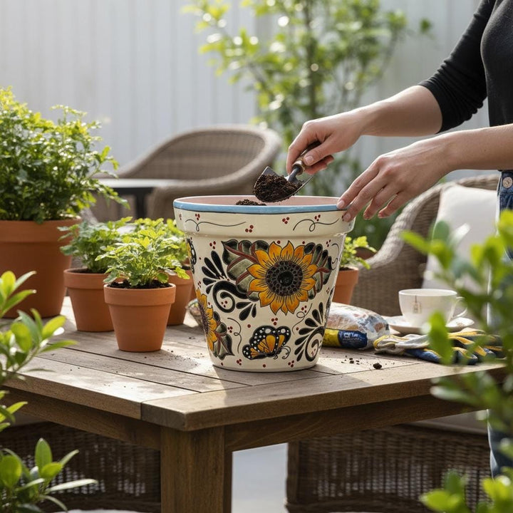 Hand Painted Mexican Talavera Standard Planter Pot, Monarch Butterfly & Sunflower – Free Shipping (Contiguous U.S. Only)