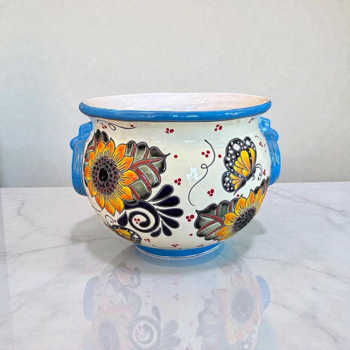 Hand Painted Talavera Cauldron Handle Planter Pot, Sunflower & Monarch Butterfly – Free Shipping (Contiguous U.S. Only)