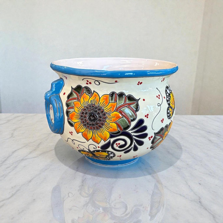 Hand Painted Talavera Cauldron Handle Planter Pot, Sunflower & Monarch Butterfly – Free Shipping (Contiguous U.S. Only)