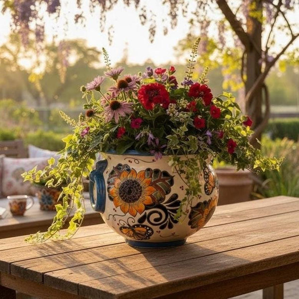 Hand Painted Talavera Cauldron Handle Planter Pot, Sunflower & Monarch Butterfly – Free Shipping (Contiguous U.S. Only)