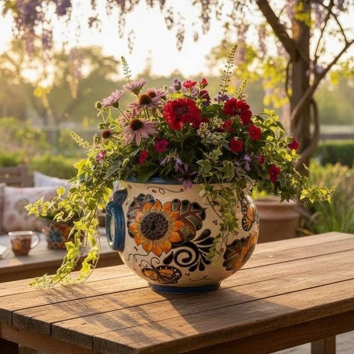 Hand Painted Talavera Cauldron Handle Planter Pot, Sunflower & Monarch Butterfly – Free Shipping (Contiguous U.S. Only)
