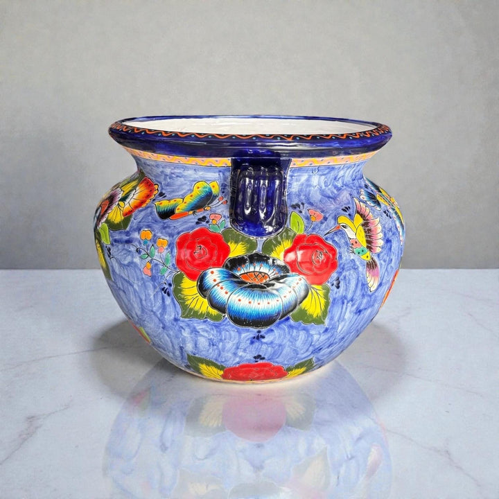 Large Hand Painted Talavera Folkart Planter Pot with Handles, Hummingbird Floral Blue – Free Shipping (Contiguous U.S. Only)