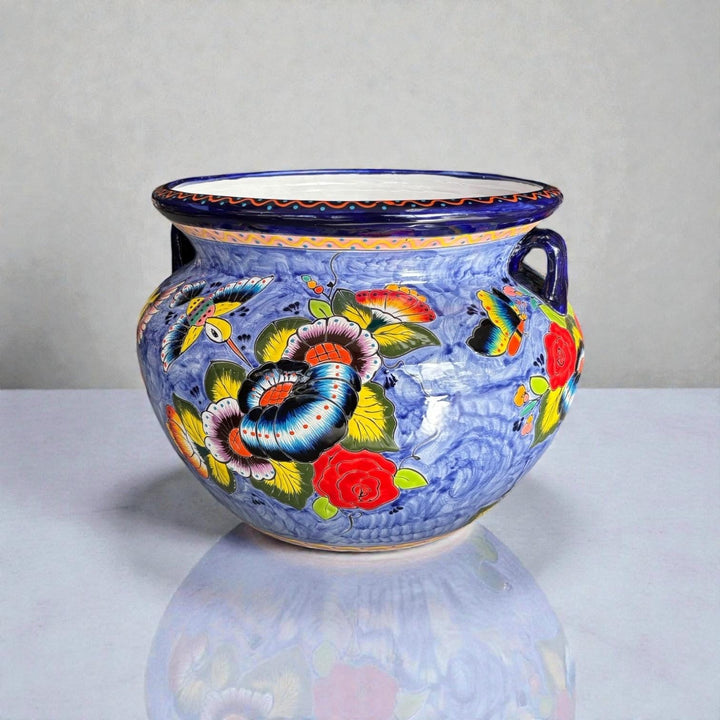 Large Hand Painted Talavera Folkart Planter Pot with Handles, Hummingbird Floral Blue – Free Shipping (Contiguous U.S. Only)