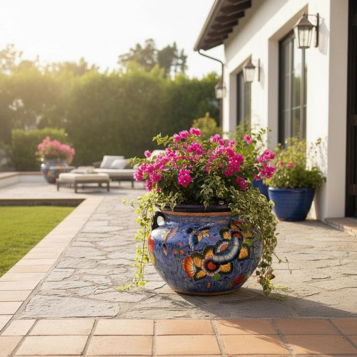 Large Hand Painted Talavera Folkart Planter Pot with Handles, Hummingbird Floral Blue – Free Shipping (Contiguous U.S. Only)