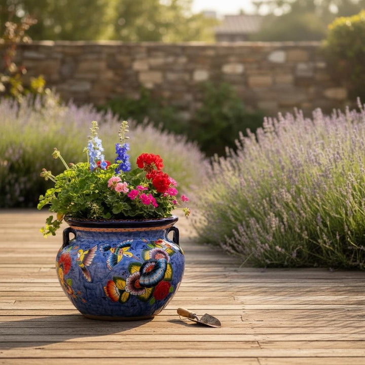 Large Hand Painted Talavera Folkart Planter Pot with Handles, Hummingbird Floral Blue – Free Shipping (Contiguous U.S. Only)