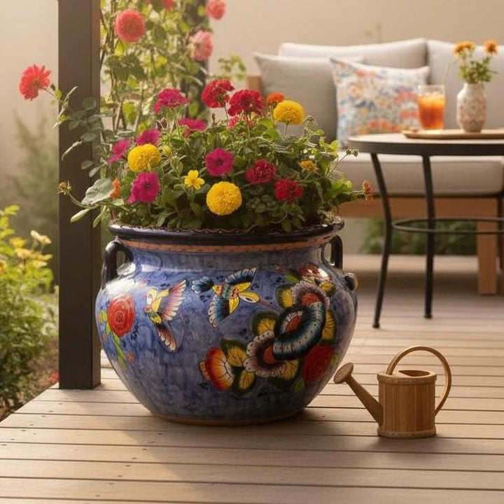 Large Hand Painted Talavera Folkart Planter Pot with Handles, Hummingbird Floral Blue – Free Shipping (Contiguous U.S. Only)