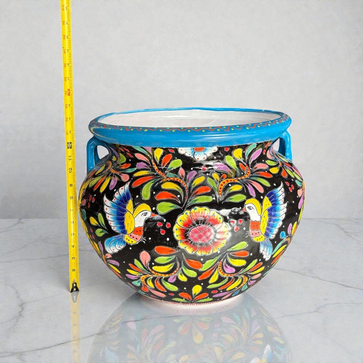 Large Hand Painted Talavera Folkart Planter Pot with Handles, Yellow Hummingbird & Black – Free Shipping (Contiguous U.S. Only)