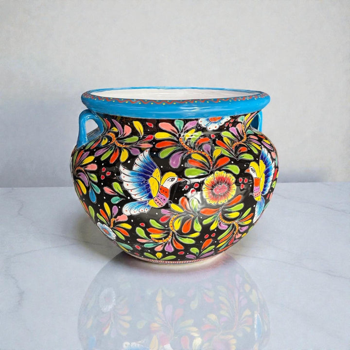 Large Hand Painted Talavera Folkart Planter Pot with Handles, Yellow Hummingbird & Black – Free Shipping (Contiguous U.S. Only)