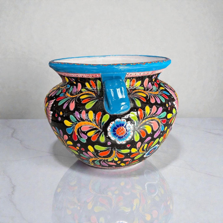 Large Hand Painted Talavera Folkart Planter Pot with Handles, Multicolor Hummingbird & Black – Free Shipping (Contiguous U.S. Only)