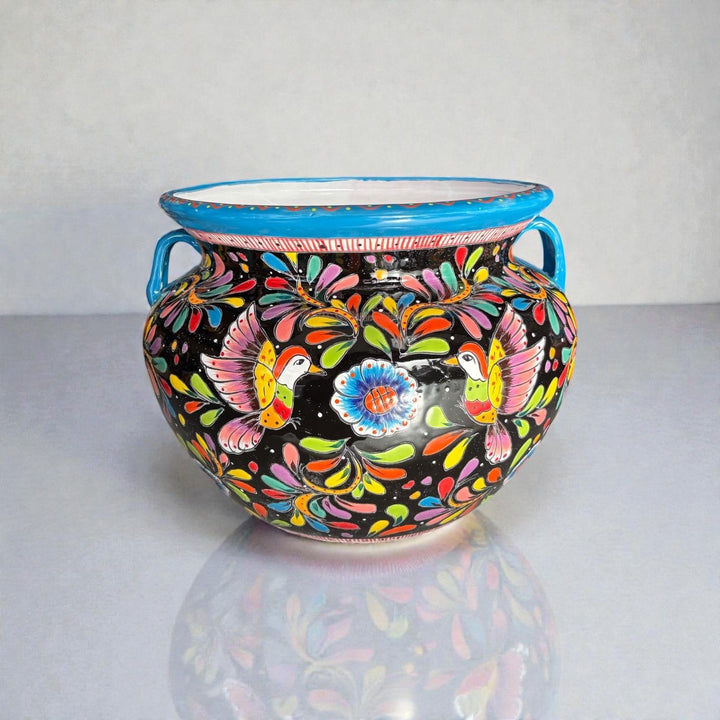Large Hand Painted Talavera Folkart Planter Pot with Handles, Multicolor Hummingbird & Black – Free Shipping (Contiguous U.S. Only)