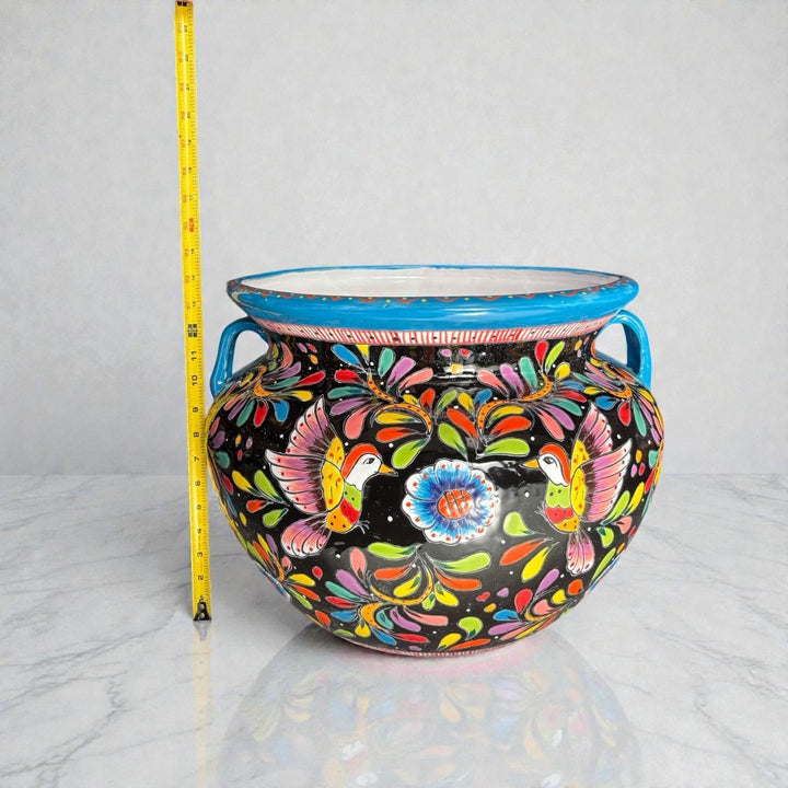 Large Hand Painted Talavera Folkart Planter Pot with Handles, Multicolor Hummingbird & Black – Free Shipping (Contiguous U.S. Only)
