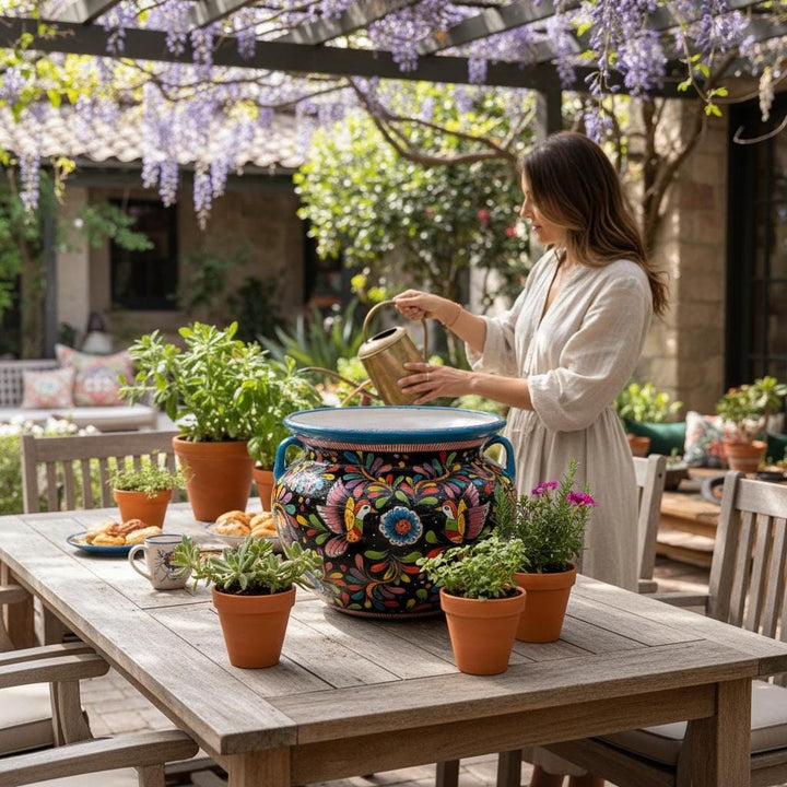 Large Hand Painted Talavera Folkart Planter Pot with Handles, Multicolor Hummingbird & Black – Free Shipping (Contiguous U.S. Only)