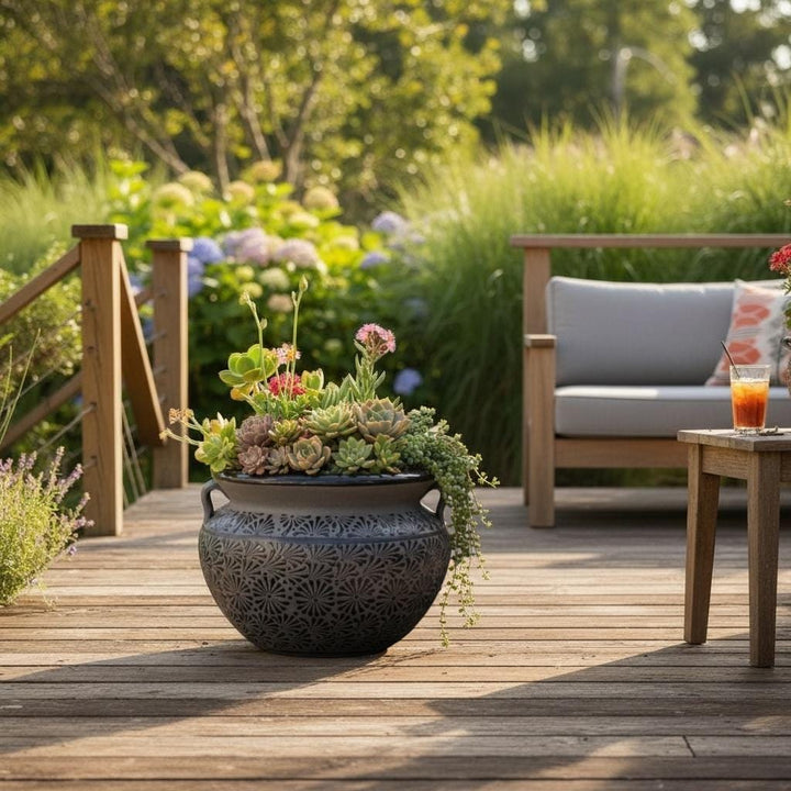 Large Hand Painted Clay Planter Pot with Handles, Charcoal & Black – Free Shipping (Contiguous U.S. Only)