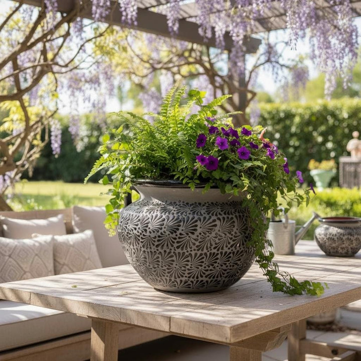 Large Hand Painted Clay Planter Pot with Handles, Charcoal & Black – Free Shipping (Contiguous U.S. Only)