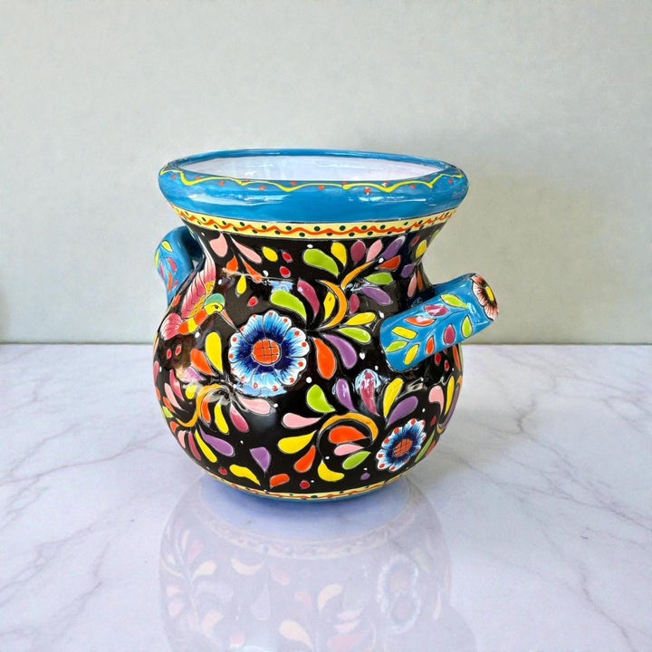Hand Painted Talavera Folkart Planter Pot with Handles, Multicolor Hummingbird & Black – Free Shipping (Contiguous U.S)