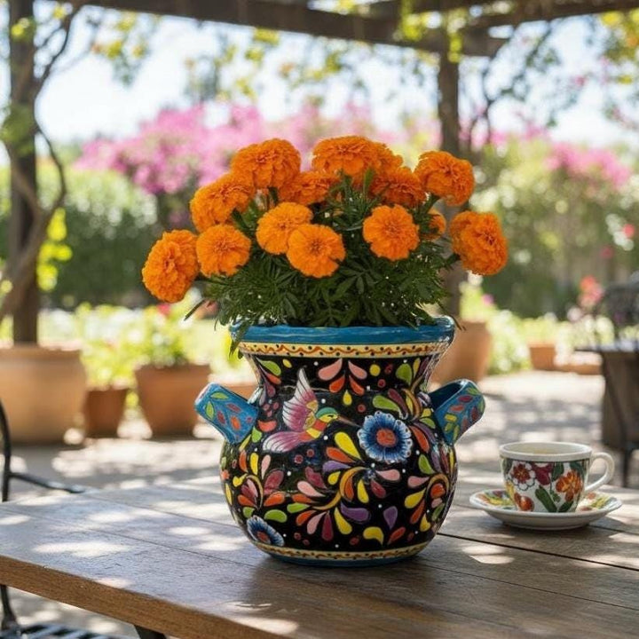 Hand Painted Talavera Folkart Planter Pot with Handles, Multicolor Hummingbird & Black – Free Shipping (Contiguous U.S)