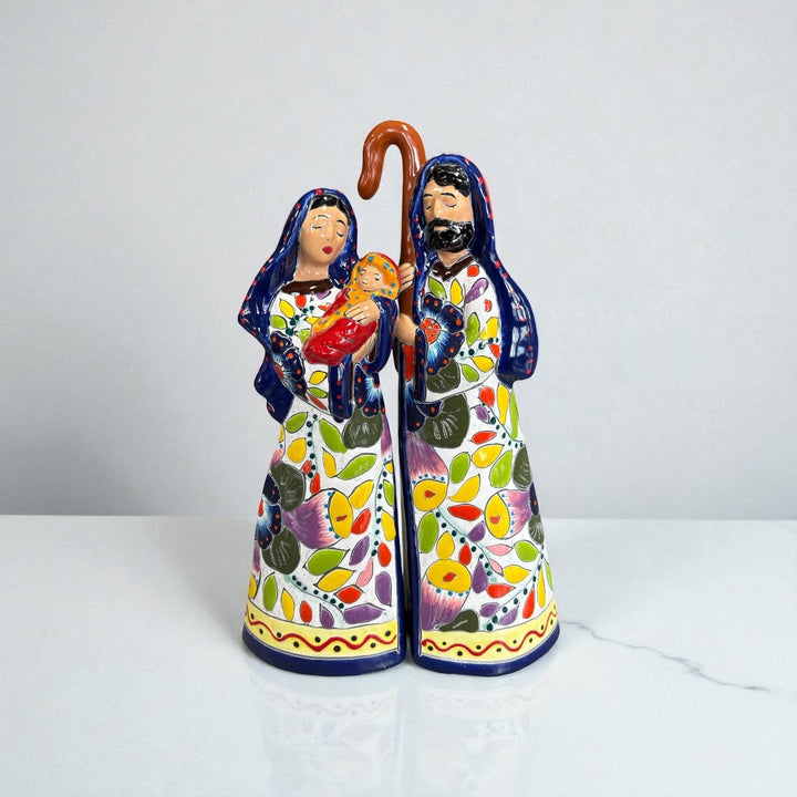 Beautiful Hand Painted Mexican Talavera 2-Piece Nativity Set, Dark Blue & Orange