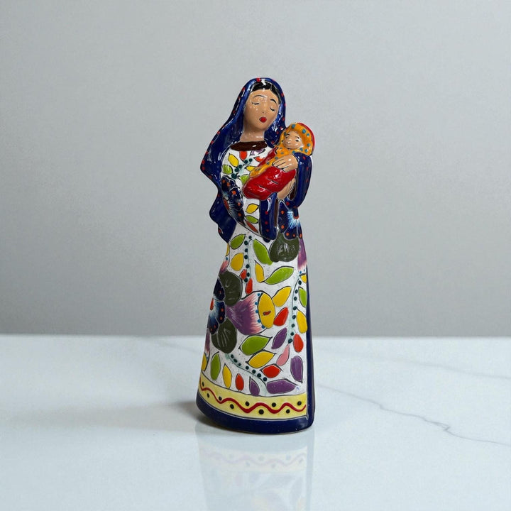 Beautiful Hand Painted Mexican Talavera 2-Piece Nativity Set, Dark Blue & Orange