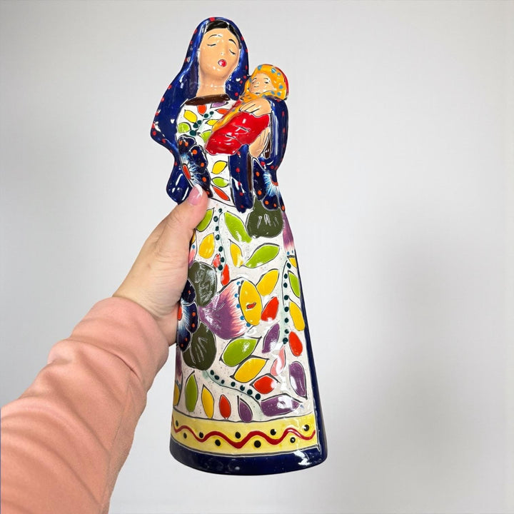 Beautiful Hand Painted Mexican Talavera 2-Piece Nativity Set, Dark Blue & Orange