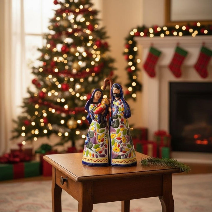 Beautiful Hand Painted Mexican Talavera 2-Piece Nativity Set, Dark Blue & Orange