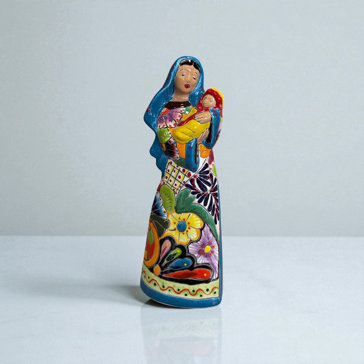 Beautiful Hand Painted Mexican Talavera 2-Piece Nativity Set, Light Blue & Orange