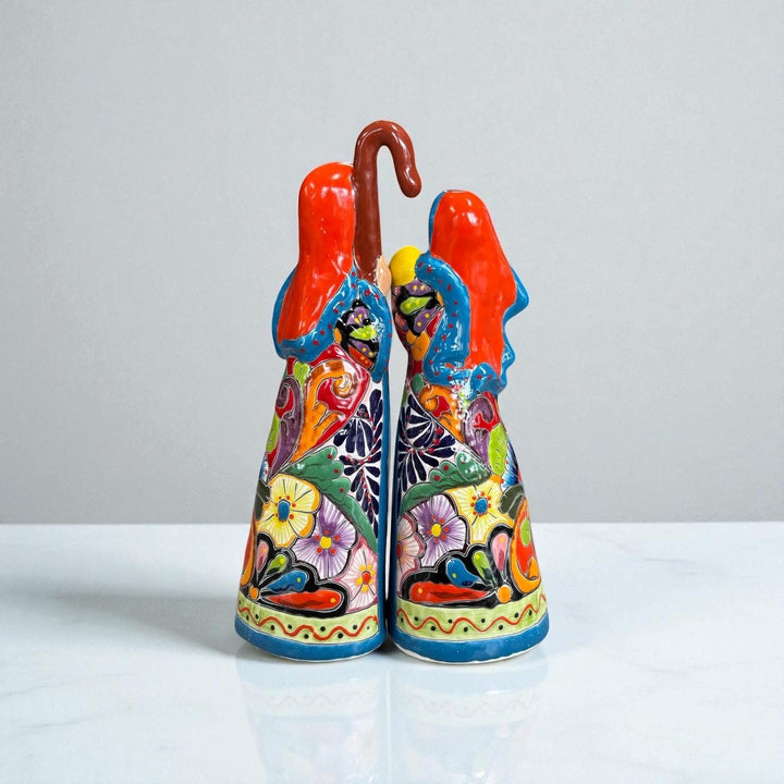Beautiful Hand Painted Mexican Talavera 2-Piece Nativity Set, Light Blue & Orange