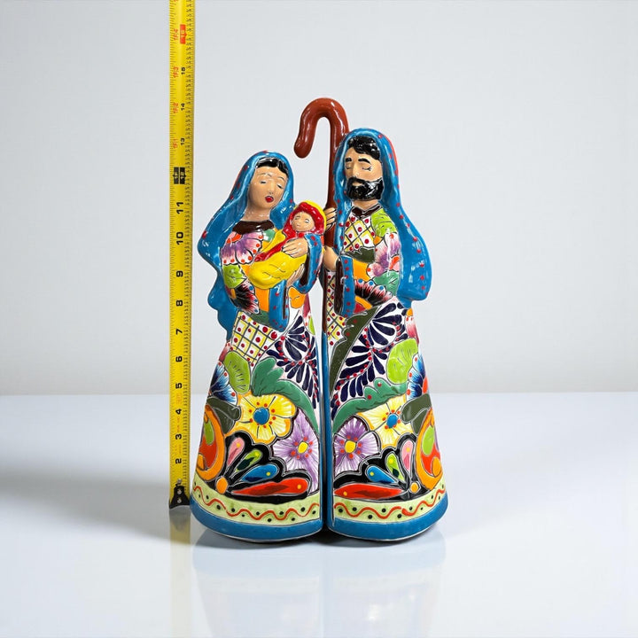 Beautiful Hand Painted Mexican Talavera 2-Piece Nativity Set, Light Blue & Orange