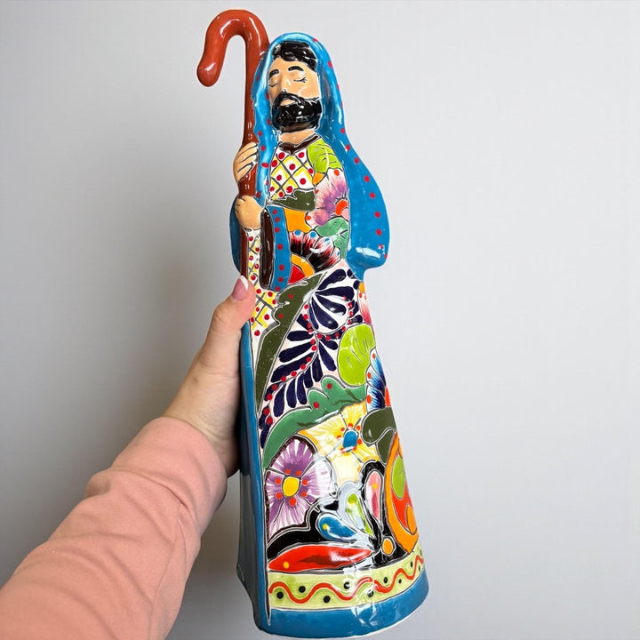 Beautiful Hand Painted Mexican Talavera 2-Piece Nativity Set, Light Blue & Orange