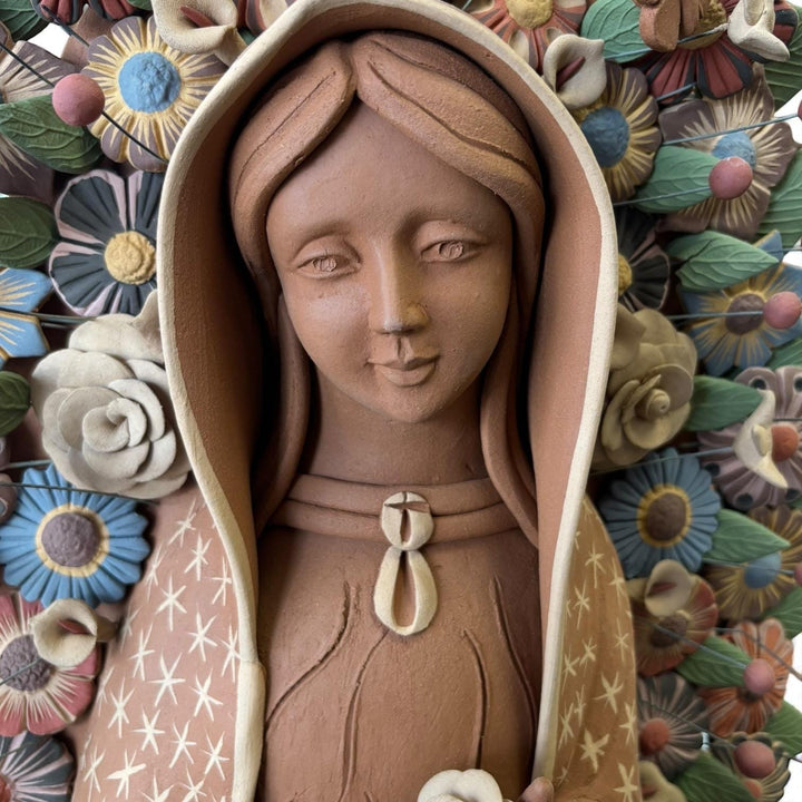 Large Handmade Mexican Natural Clay “Virgen de Guadalupe”, Rustic Multicolor – Free Shipping (Contiguous U.S. Only)