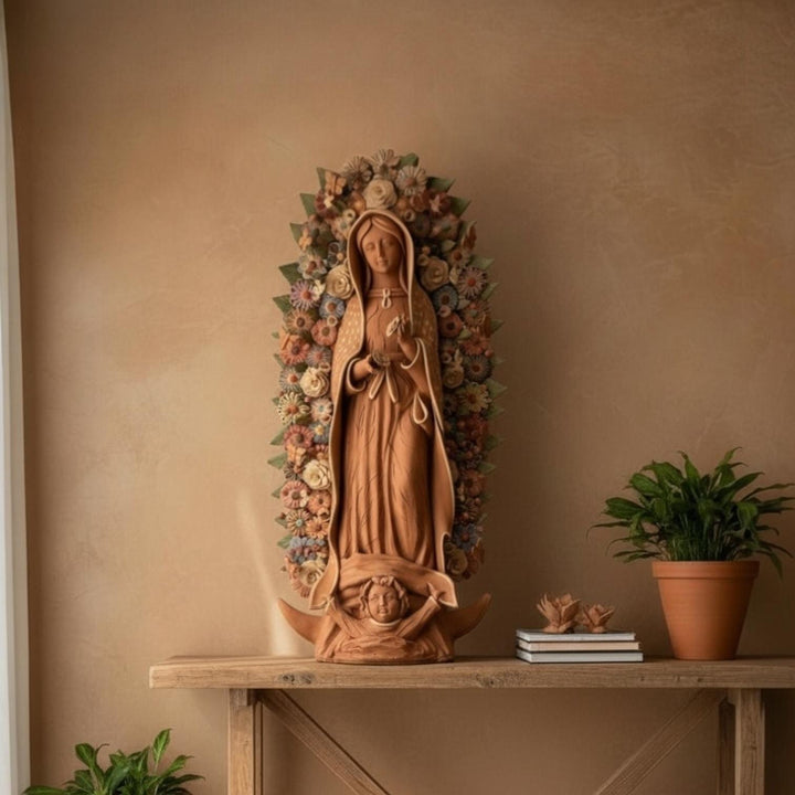 Large Handmade Mexican Natural Clay “Virgen de Guadalupe”, Rustic Multicolor – Free Shipping (Contiguous U.S. Only)
