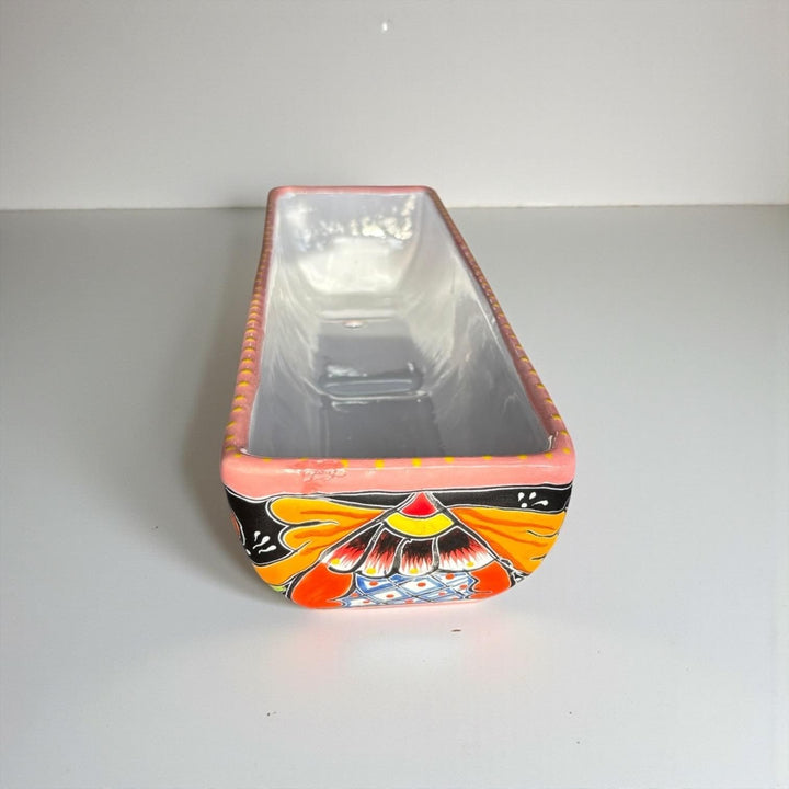 Hand Painted Mexican Talavera Long Planter, Pink Rim & Multicolor