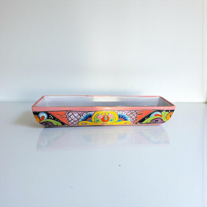 Hand Painted Mexican Talavera Long Planter, Pink Rim & Multicolor
