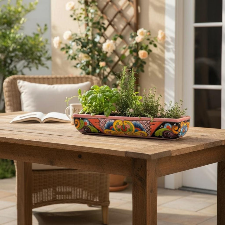 Hand Painted Mexican Talavera Long Planter, Pink Rim & Multicolor